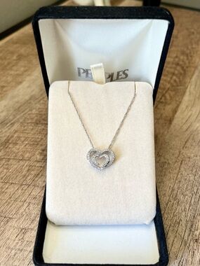 Solid 14k White Gold Double Heart Diamond Pendant Necklace